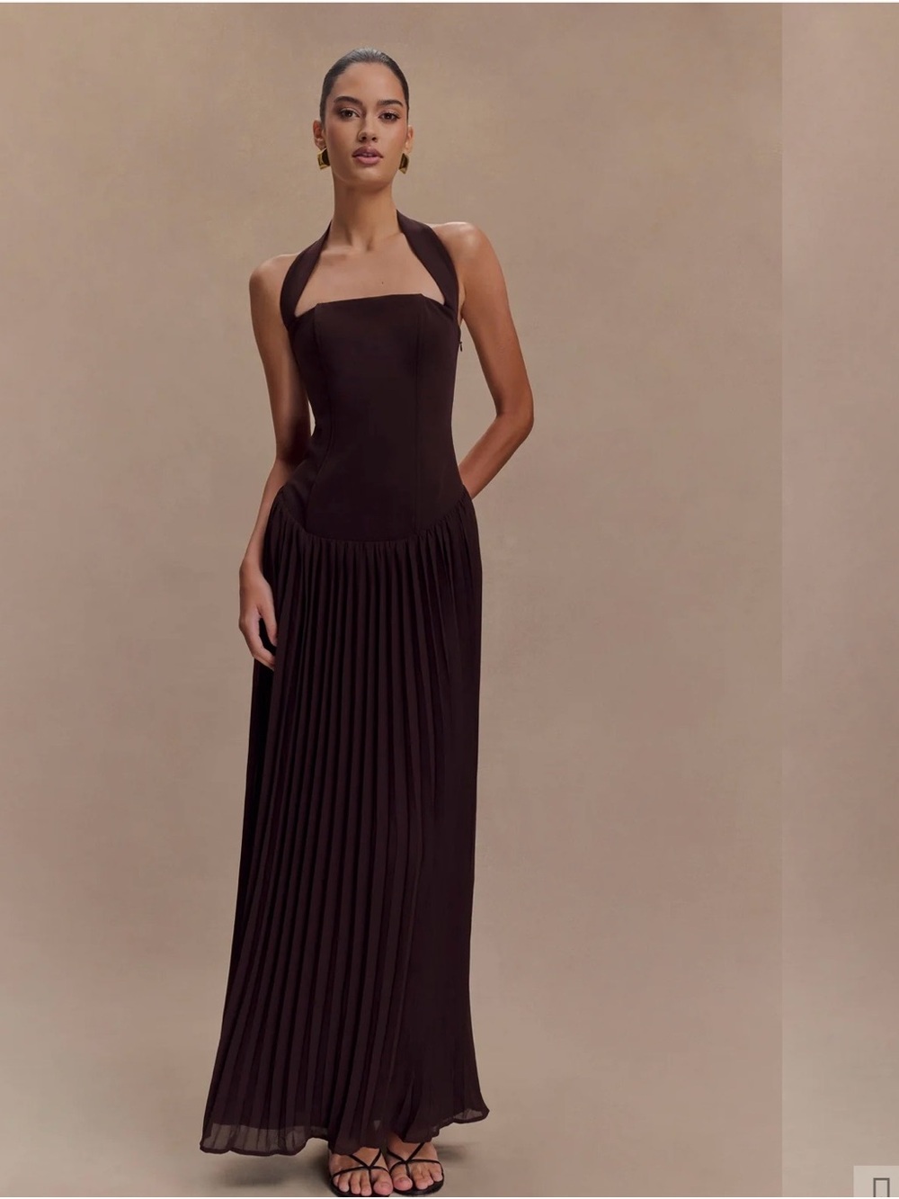 Meshki Stacie Pleated Halter Dress in Cacoa